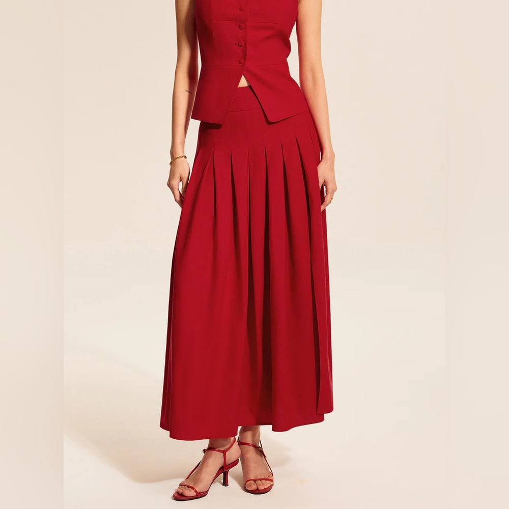 Commense Cotton & Linen Pleated Slit Skirt - Picture 2 of 13